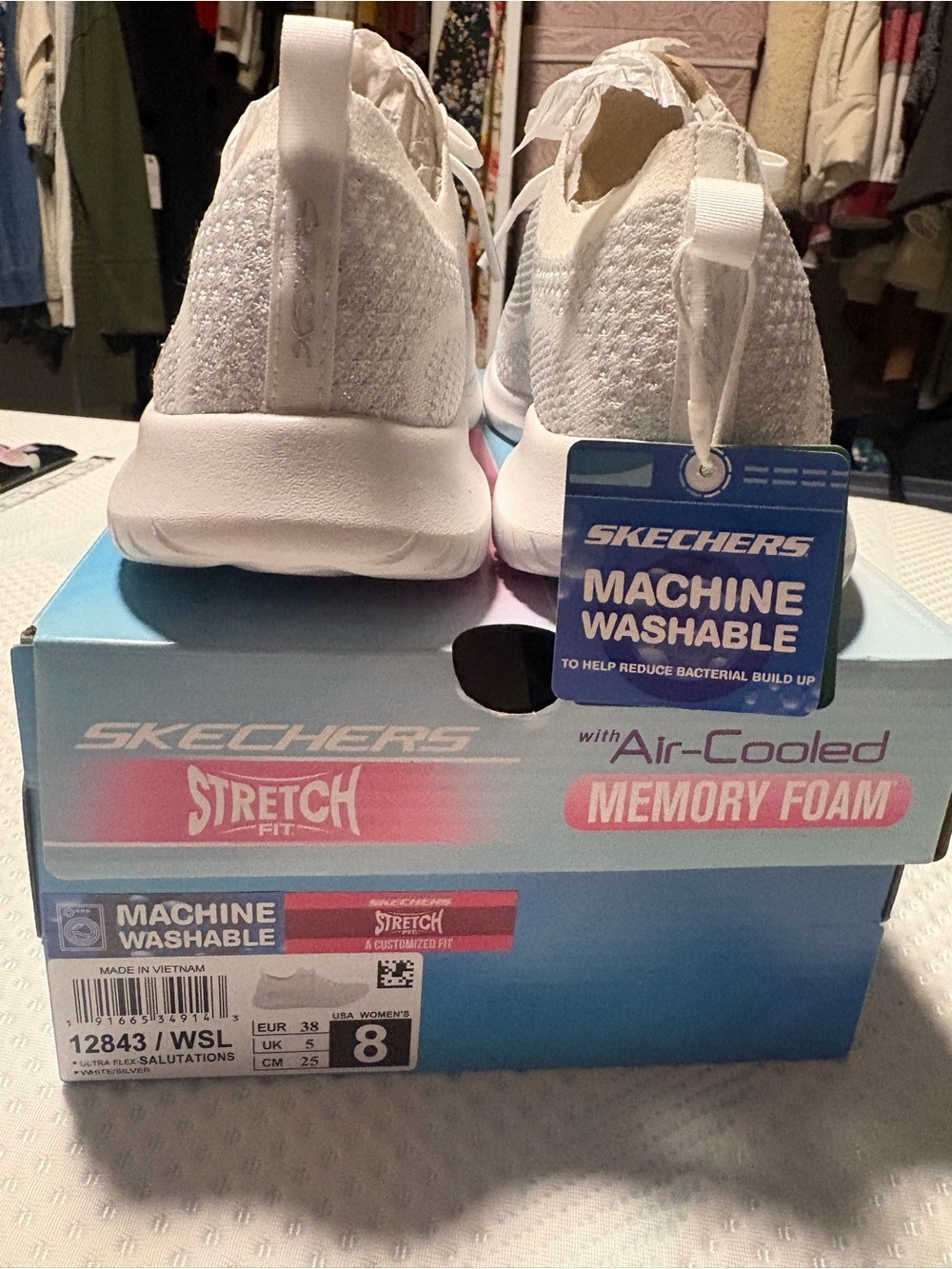 Skechers Women's White/Silver Knit Slip-On Sneakers - Picture 3 of 4